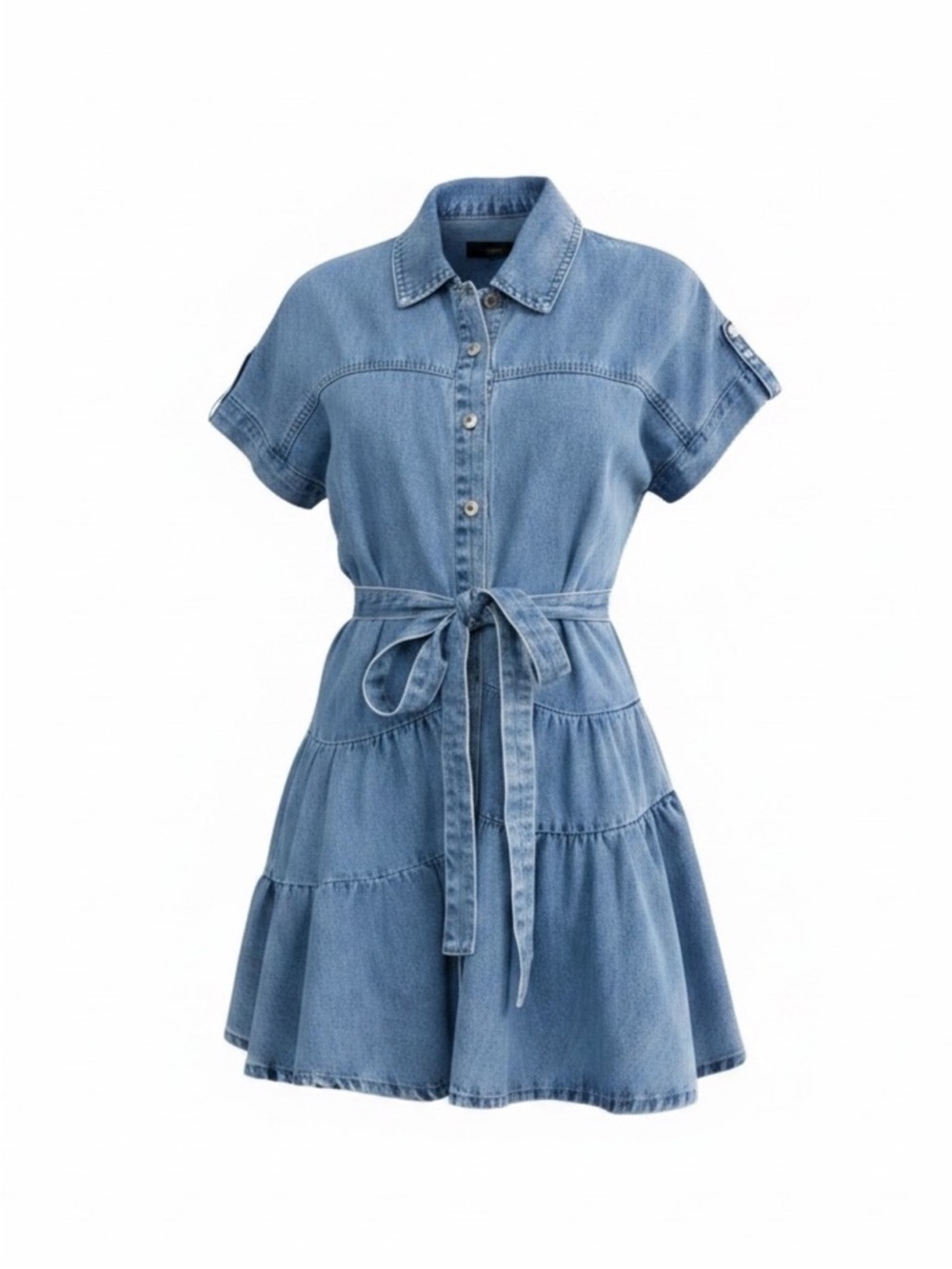 Denim Tie-Waist Shirt Dress in Light Blue